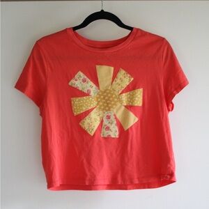 Handmade quilted women’s  Coral T-Shirt with Yellow Floral Design
